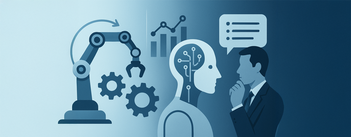 Vector art banner showing a robotic arm on one side transitioning to a human and AI head collaborating on the other, with data graphs.