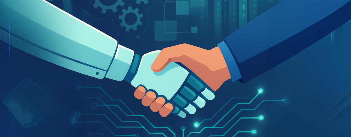 AI robot hand shaking human hand, symbolizing collaboration in the workplace