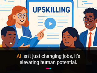 Diverse group of professionals engaged in upskilling for the AI era.