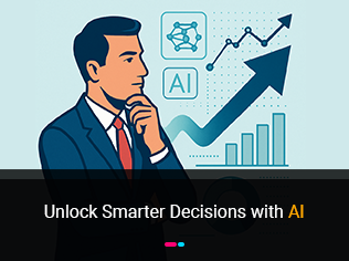 Vector illustration of a business leader contemplating with AI-driven data visualizations and growth charts in the background.
